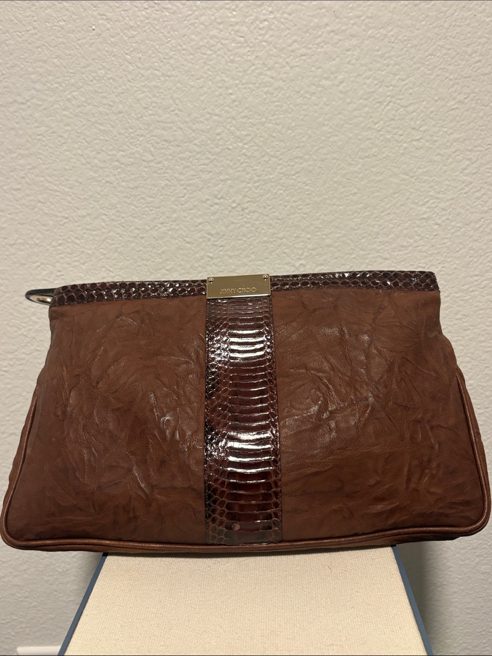 Jimmy Choo Large Brown Leather Clutch W/Animal Print Detail & COA